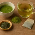 Matcha, sencha, green tea leaves, tea bag