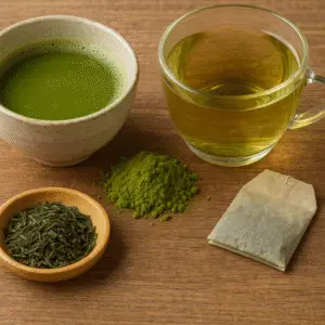 Matcha, sencha, green tea leaves, tea bag