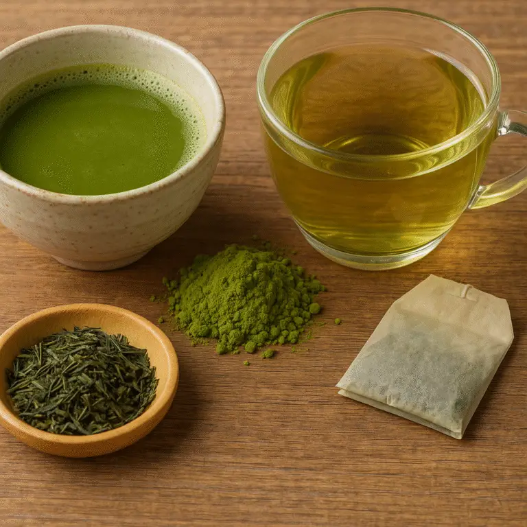 Matcha, sencha, green tea leaves, tea bag
