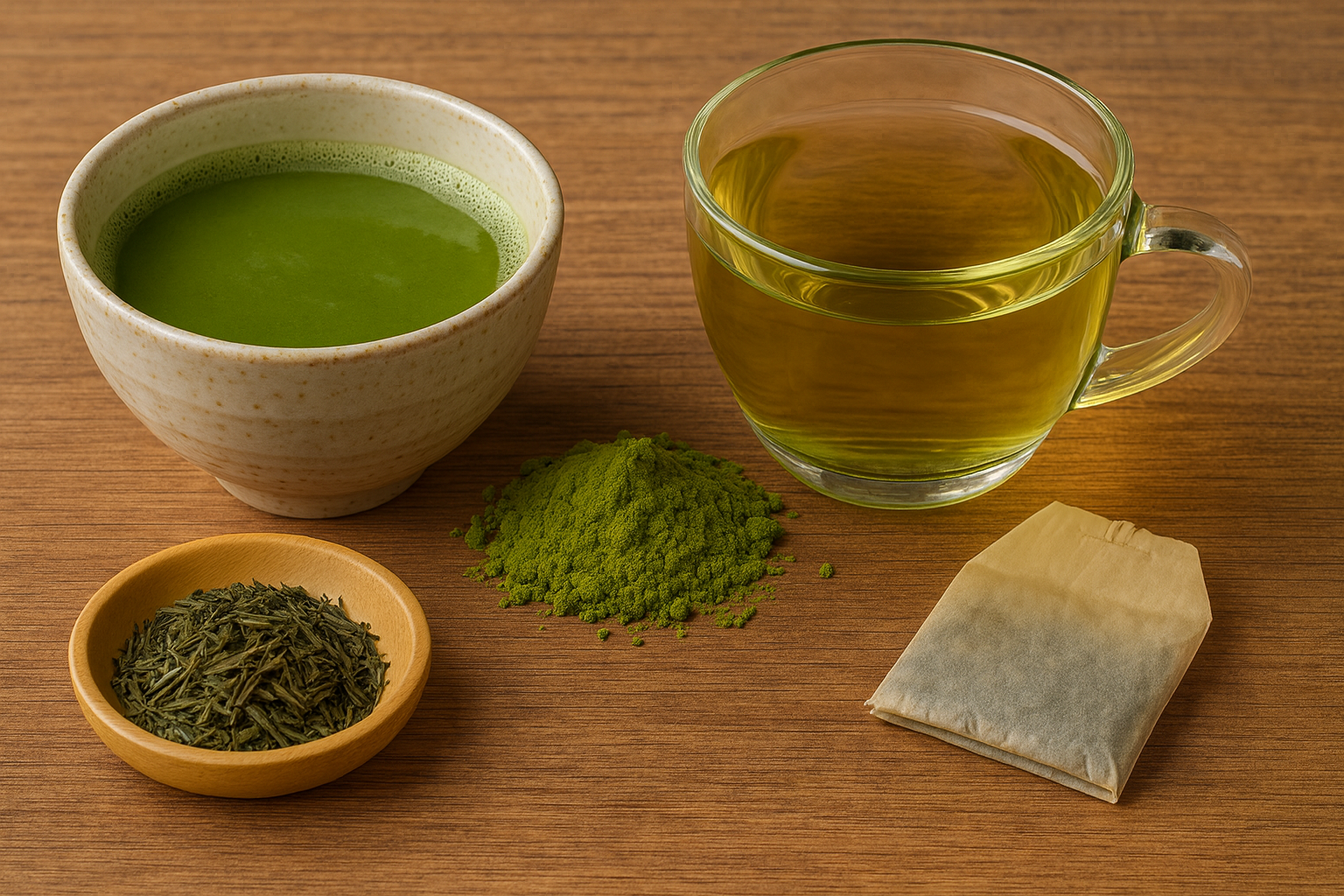 Cup of matcha, cup of green tea, sencha green tea leaves, matcha powder, and a green tea bag